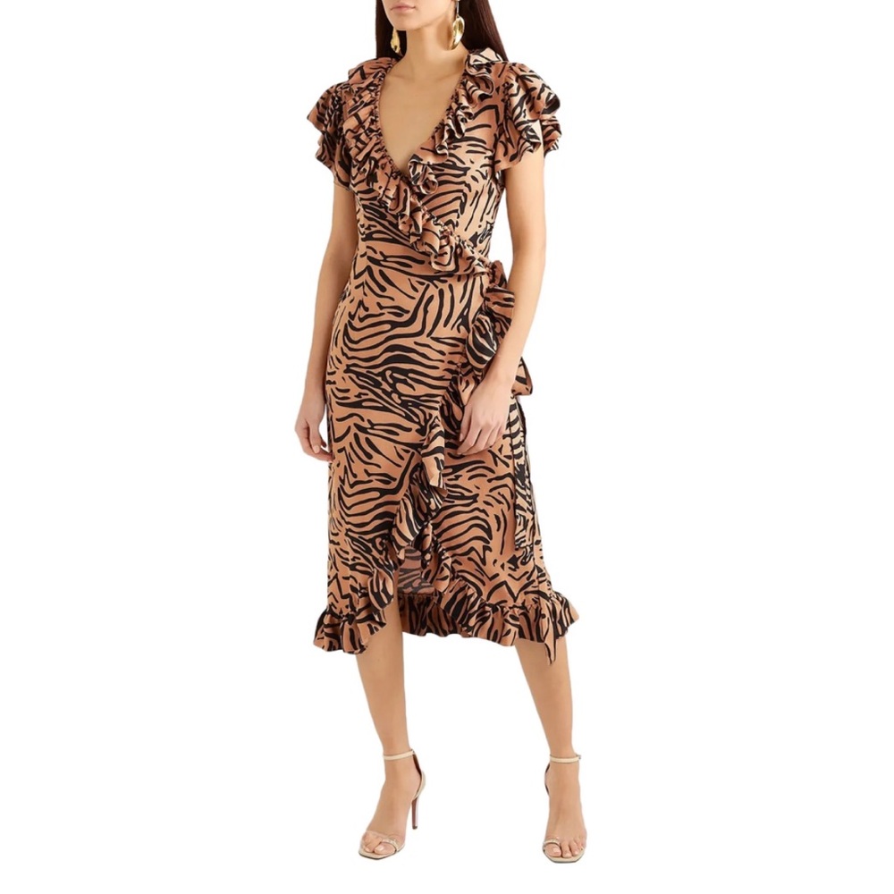 De La Vali Cadaques Tiger Stripe Ruffled Crepe True Wrap Dress US 2 UK 6…